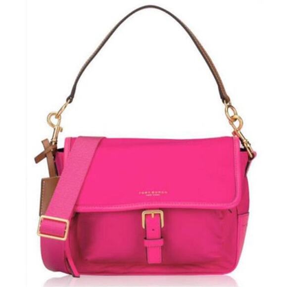 Tory Burch Perry Nylon Crossbody Bag Logo Charm Strap Leather Trim Pink One Size - Picture 1 of 10